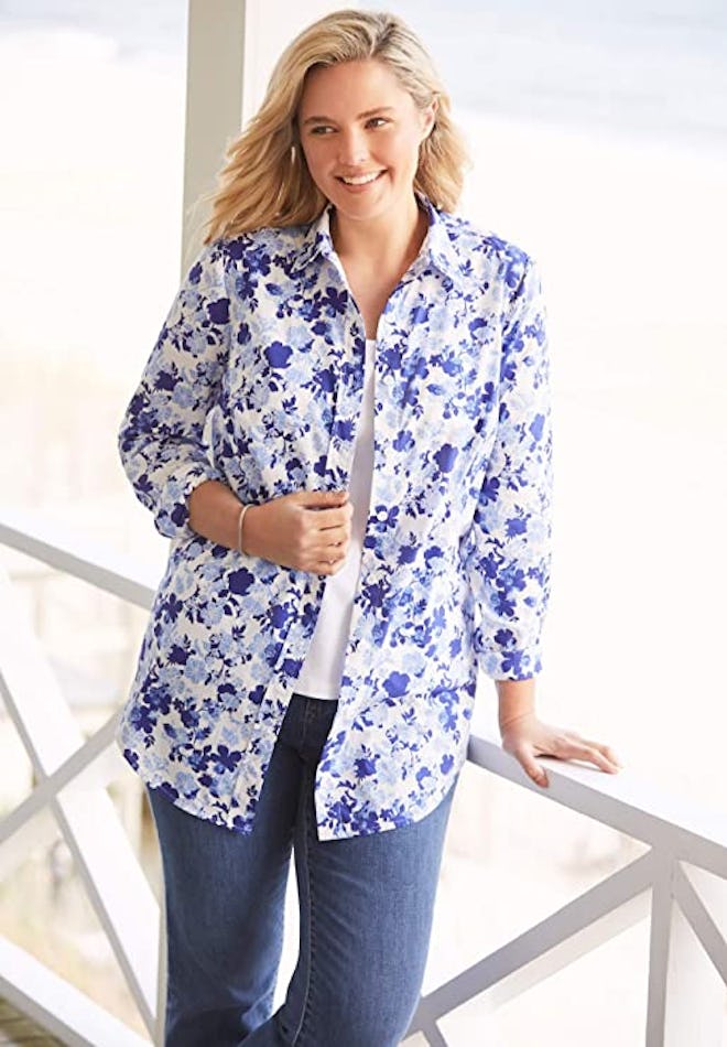 Woman Within Plus Size Floral Button Down Shirt