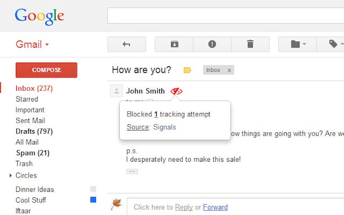 PixelBlock will display a red eye symbol if it detects tracking pixels in an email.