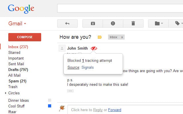 PixelBlock will display a red eye symbol if it detects tracking pixels in an email.