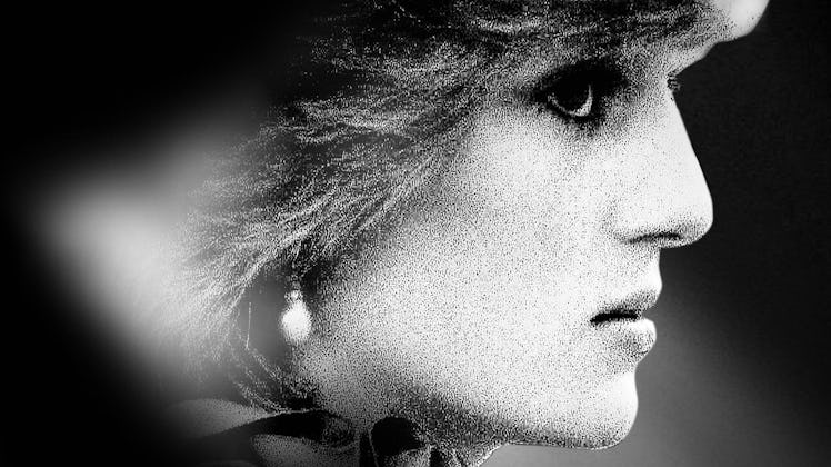 Princess Diana's side profile black and white close up, from "The Princess" documentary.