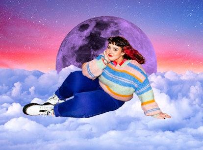 Young woman on clouds in front of the moon before reading the February 2022 monthly horoscope for he...