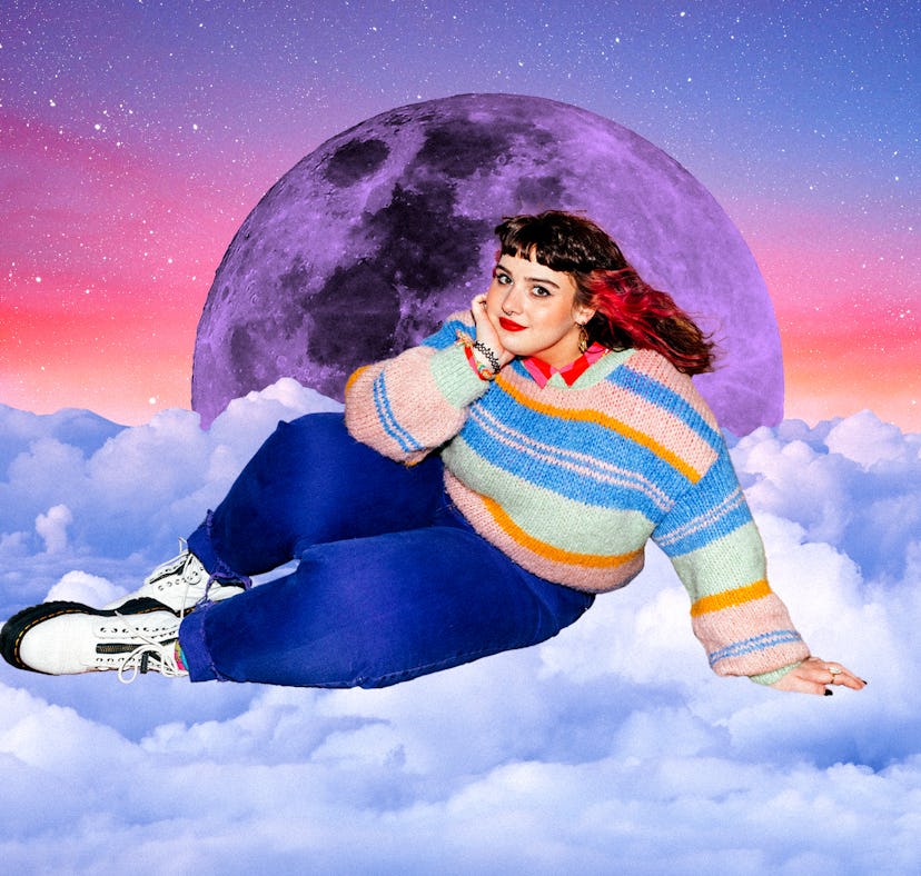 Young woman on clouds in front of the moon before reading the February 2022 monthly horoscope for he...