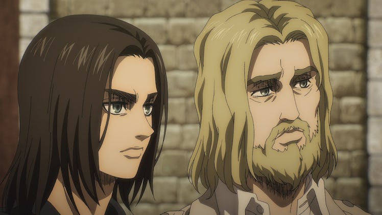 Zeke and Eren from attack on titan standing next to each other in front of a brick wall