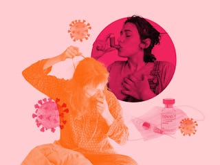 Long-haul COVID is serious. Images of young women using oxygen masks and inhalers in pink and orange...