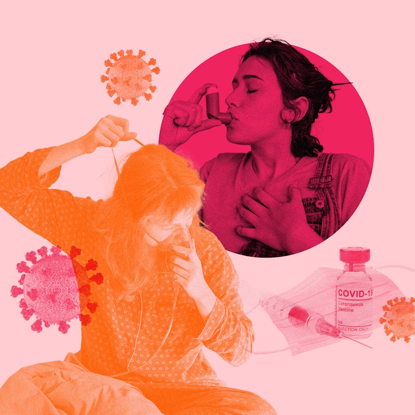 Long-haul COVID is serious. Images of young women using oxygen masks and inhalers in pink and orange...