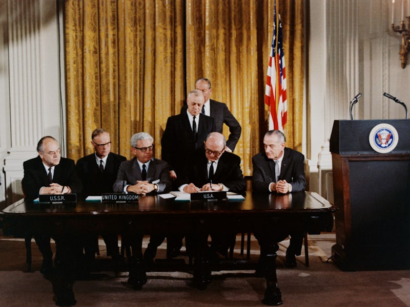 Lyndon B. Johnson signing the Outer Space Treaty