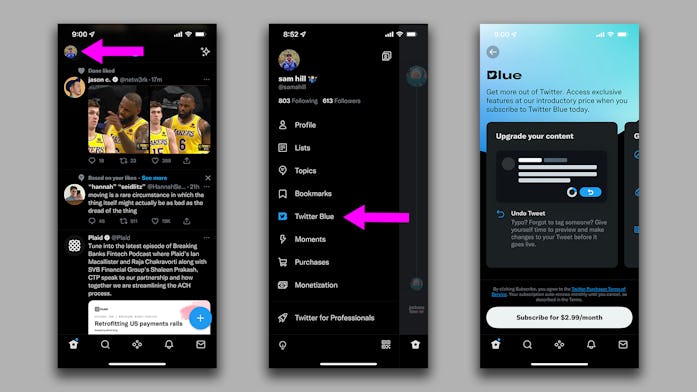 You can find Twitter Blue in the mobile app’s sidebar.