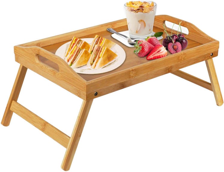 Wooden bed tray for food meals