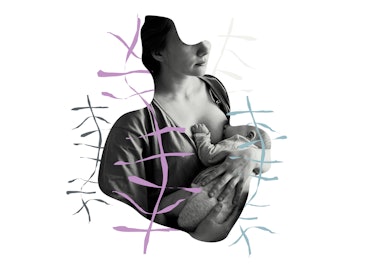 An image of a woman breast- or chest-feeding her baby after having a C-section