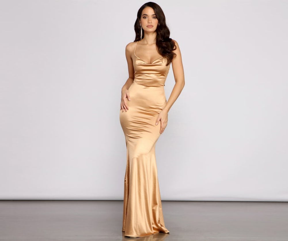JENNIFER STRETCH SATIN RUCHED FORMAL DRESS