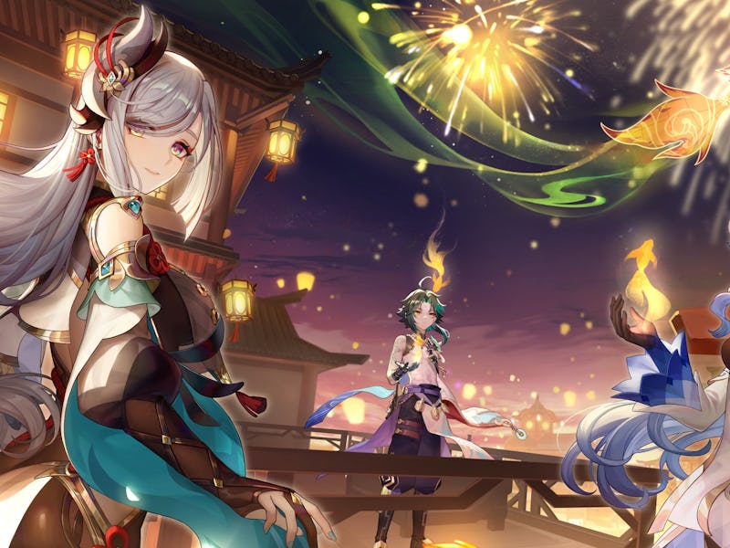 Genshin Impact Lantern Rite official art showing Ganyu, Shenhe, and Xiao at the festival.