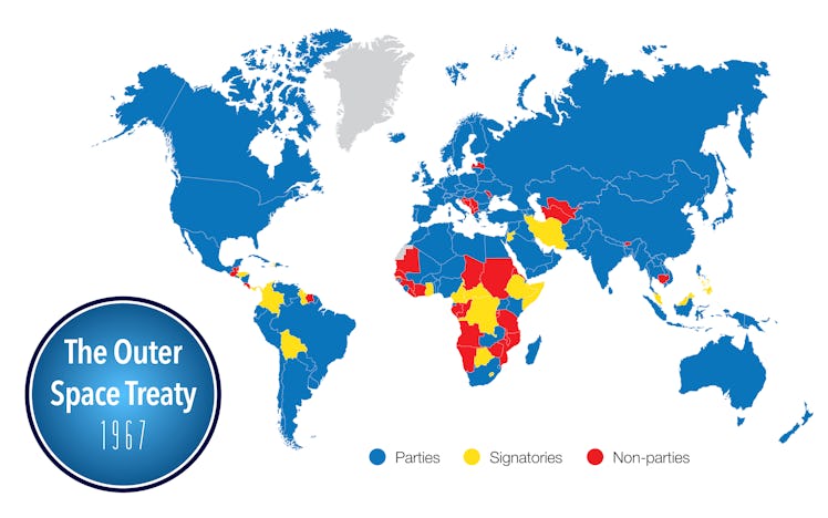 World map showing countries that have and have not signed the Outer Space Treaty