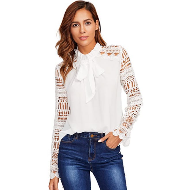 Floerns Ruffle Mock Neck Lace Sleeve Blouse