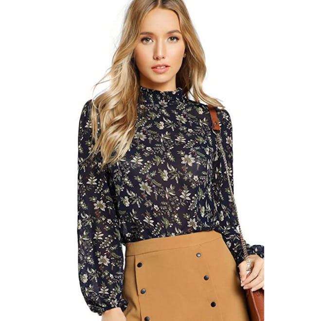 Floerns Long Sleeve High Neck Floral Chiffon Blouse