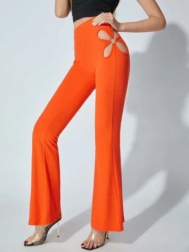 Neon Orange Cut Out Detail Flare Leg Pants