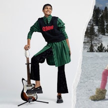 Two images of models wearing winter 2022 shoe trends, chunky loafers and fuzzy boots. 