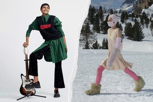 Two images of models wearing winter 2022 shoe trends, chunky loafers and fuzzy boots.