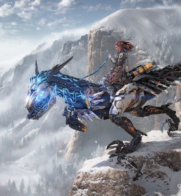 screenshot of Aloy riding Clawstrider from Horizon Forbidden West on PS4 Pro