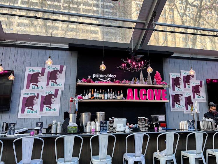 The 'Marvelous Mrs. Maisel' display at Bryant Park's winter village includes themed cocktails.