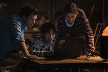 Peter, Ned, and MJ looking at a computer together in Spider-Man: No Way Home