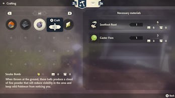 The crafting menu in Pokémon Legends: Arceus