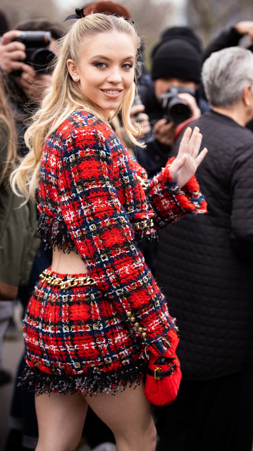 Sydney Sweeney is seen outside Balmain fashion show on Feb. 28, 2020.