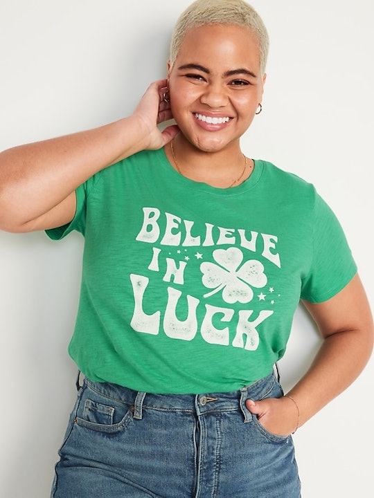 woman in st. patrick's day shirt