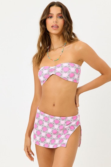 Frankies Bikinis pink floral bikini top.