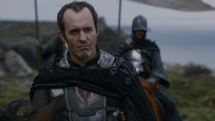 Stannis Baratheon sitting on his horse in Game of Thrones Season 2