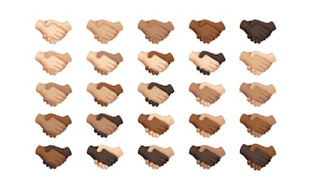 A grid of 25 handshakes between hands of varying skin tones