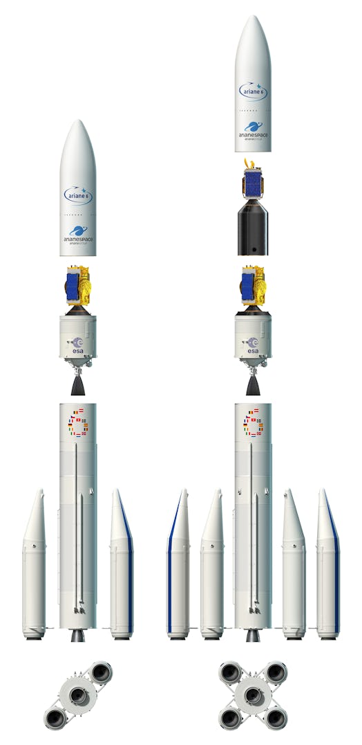 comparison between two Ariane 6 configurations. one is taller than the other with more boosters.