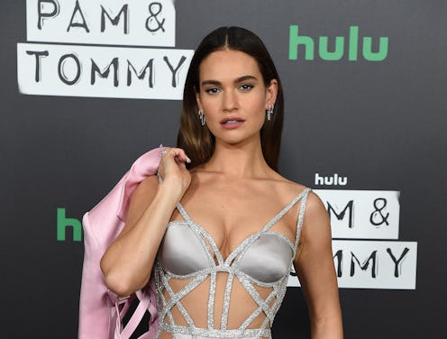Lily James at a press event for "Pam & Tommy," which premieres on Hulu on February 2.