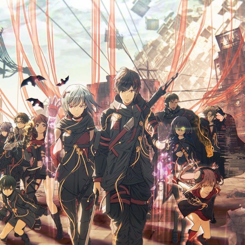 A scene from Scarlet Nexus of characters riding horses