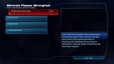 A menu screen that says "Liara T'Soni has the loyalty of her predecessor's assassination squad. Thei...