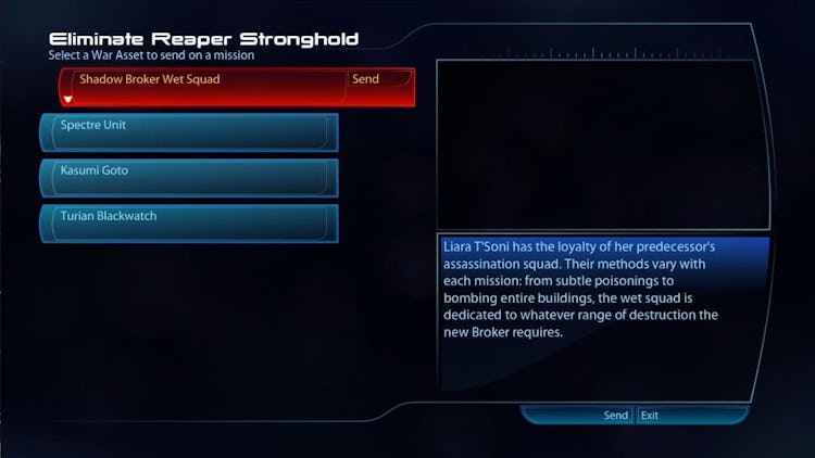 A menu screen that says "Liara T'Soni has the loyalty of her predecessor's assassination squad. Thei...