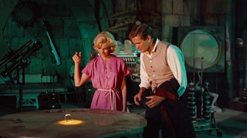Yvette Mimieux as Weena and Rod Taylor as H. George Wells in The Time Machine