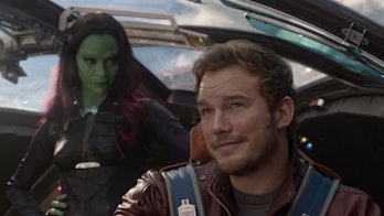 Zoe Saldana as Gamora and Chris Pratt as Peter Quill in Guardians of the Galaxy