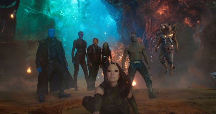 The Guardians of the Galaxy standing together on Ego in Vol. 2