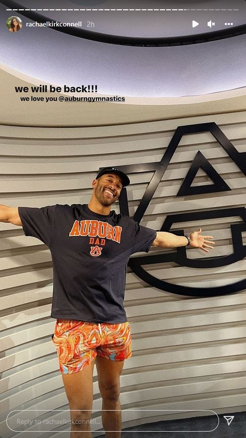 Matt James shows off an Auburn shirt at Suni Lee&rsquo;s gymnastics meet.