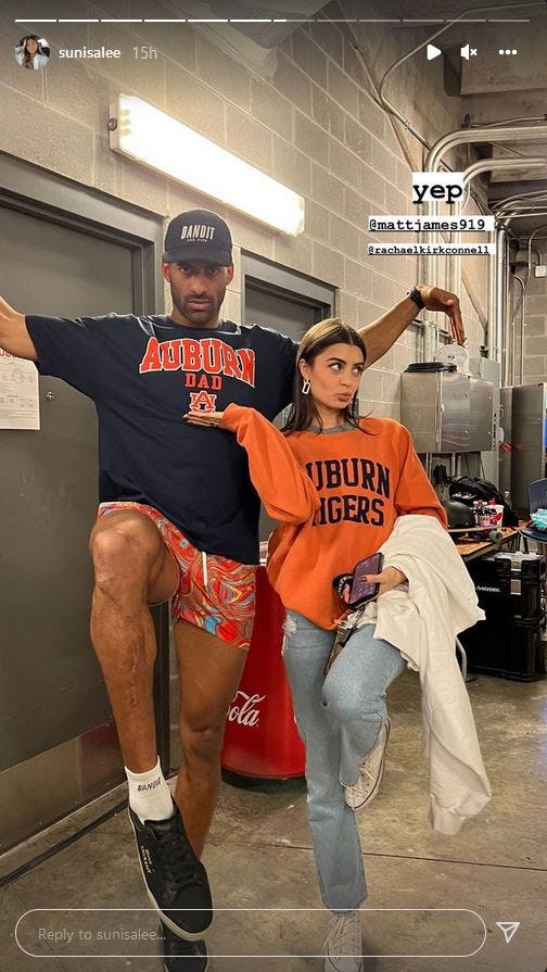 Matt James and Rachael Kirkconnell attend Suni Lee&rsquo;s Auburn gymnastics meet.