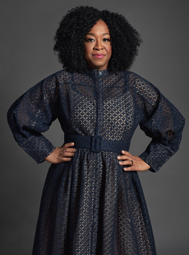 Shonda Rhimes, photographed in New York in December 2021. Rhimes wears an Oscar de la Renta dress; h...