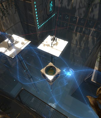Portal 2 game screengrab showing raised platforms and portals.
