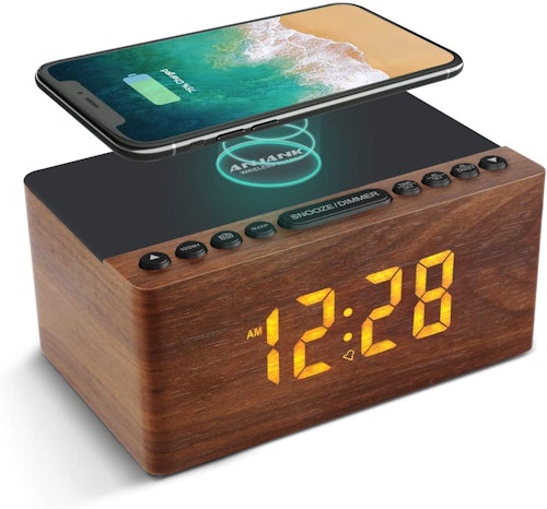 ANJANK Wooden Digital Alarm Clock FM Radio Wireless Charging Station