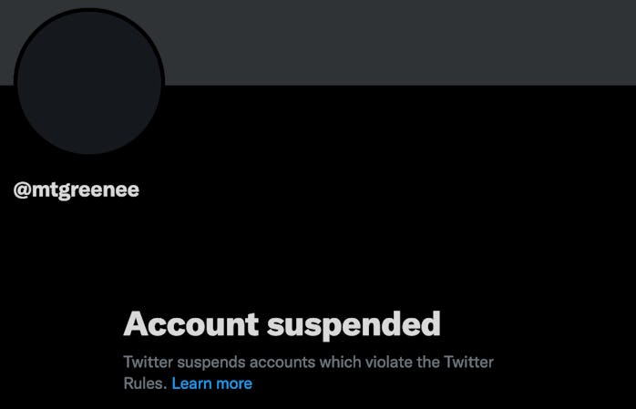 Marjorie Taylor Greene personal Twitter account suspension page screenshot