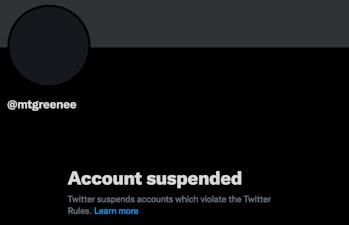 Marjorie Taylor Greene personal Twitter account suspension page screenshot