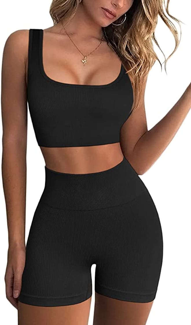 FAFOFA Seamless Ribbed Crop Tank And Shorts Workout Set