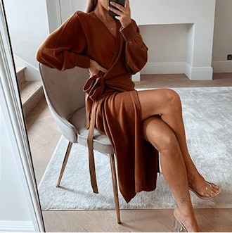 EXLURA Oversized Midi Wrap Sweater Dress