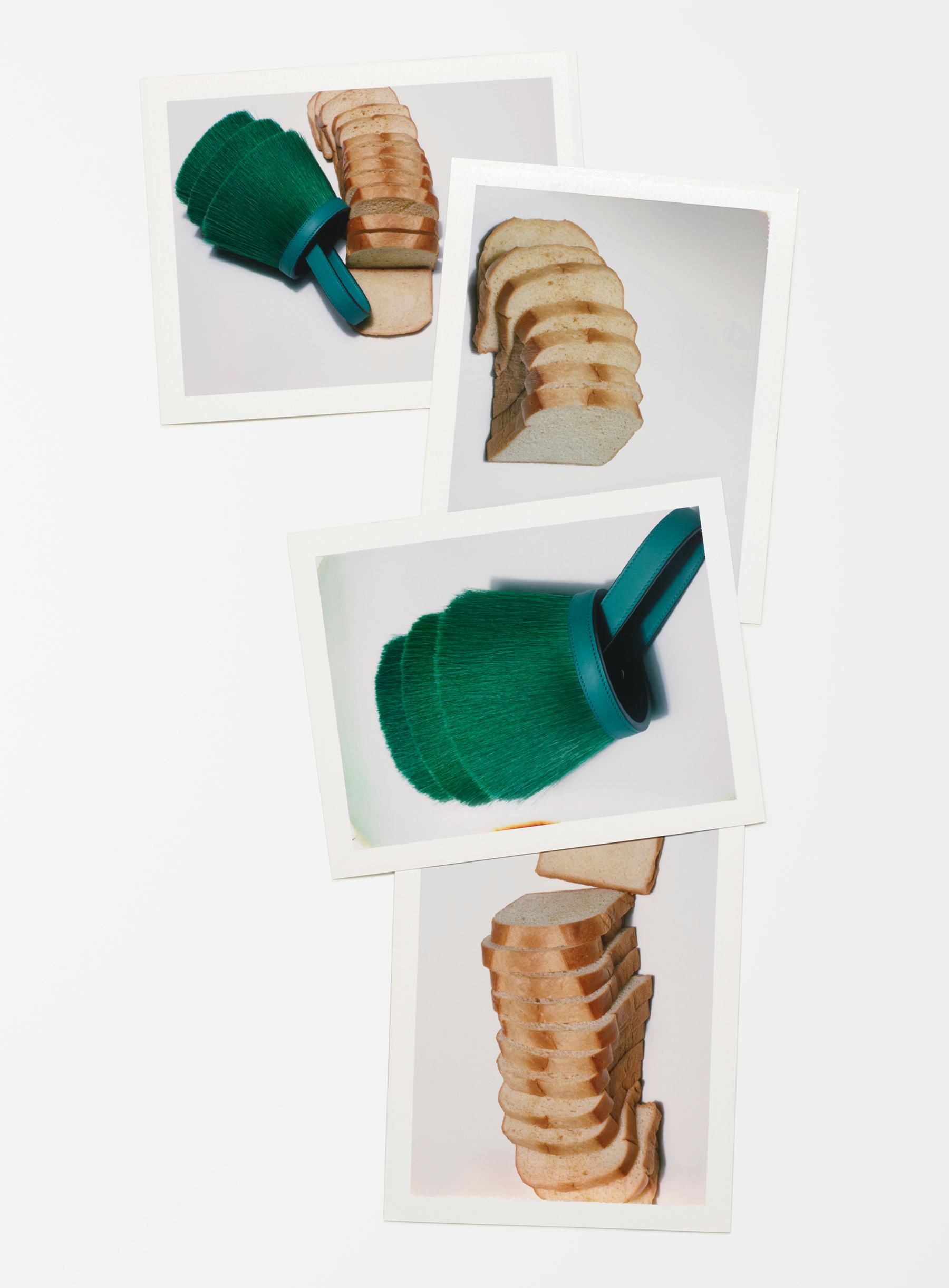 A green Hermès bag among slices of bread.