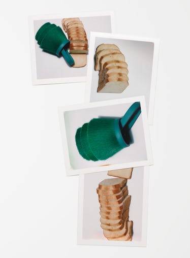 A green Hermès bag among slices of bread.