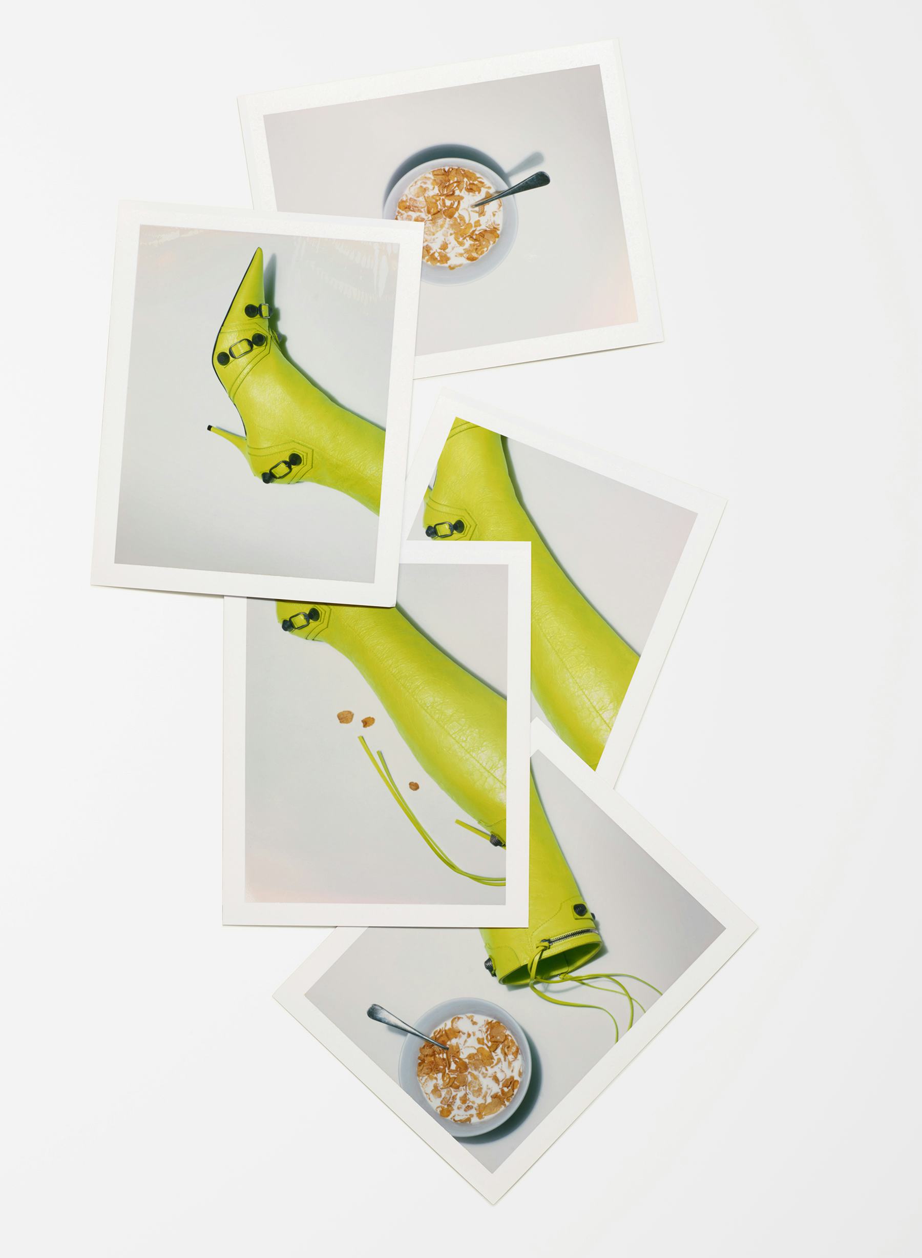 Yellow Balenciaga boots among bowls of cereal.